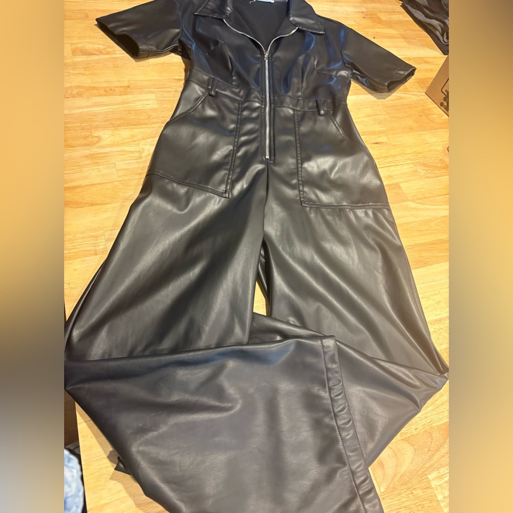 12th Tribe Black, Wide Leg, Zip Up, Faux Leather Jumpsuit